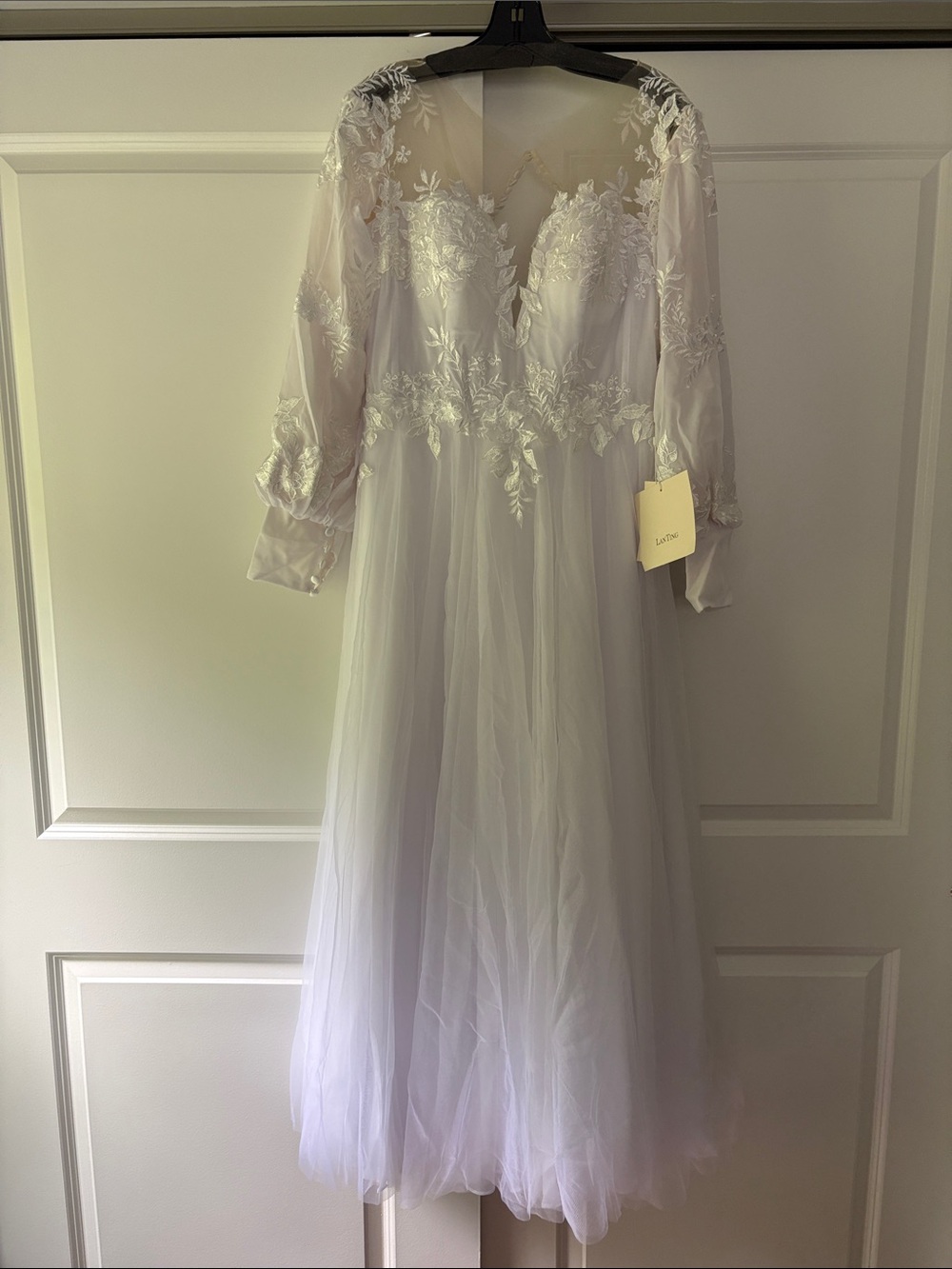 Elegant White Lace & Tulle Bridal Gown with Long Sleeves